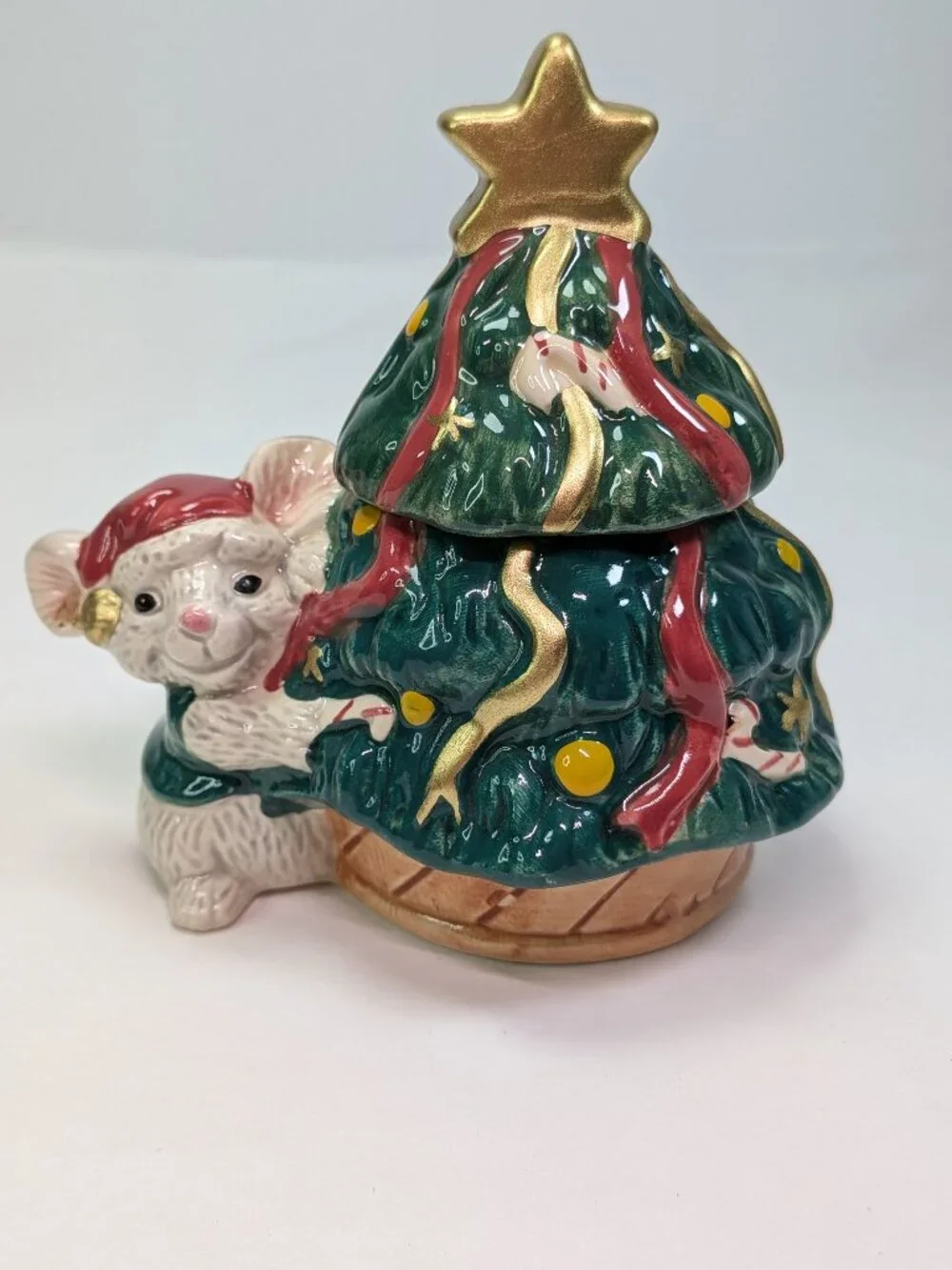 Fitz Floyd Omnibus Christmas Mouse Tree Trinket Box Jar Vintage 1995